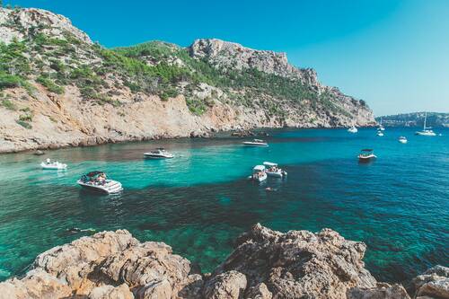 Palma De Mallorca Majorca Majorica Balearic Island landscape sea view beach Azure Blue water sand Summer holidays summer vacation journey with blue sky